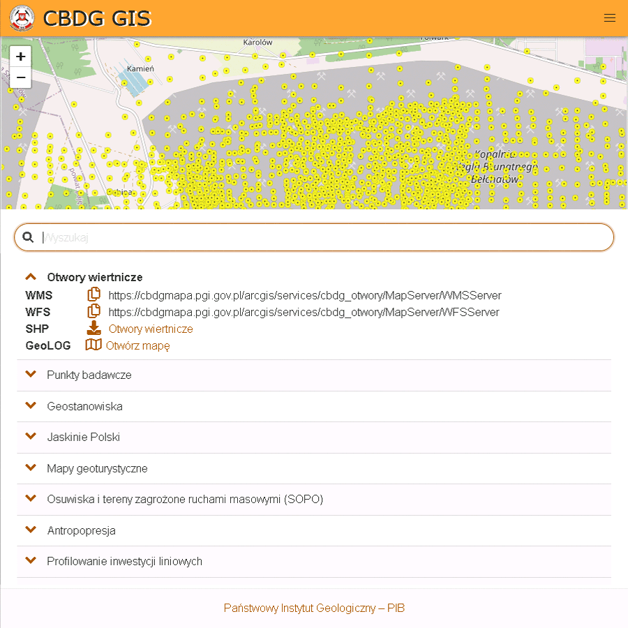 Ekran Aplikacji CBDG GIS - usługi mapowe