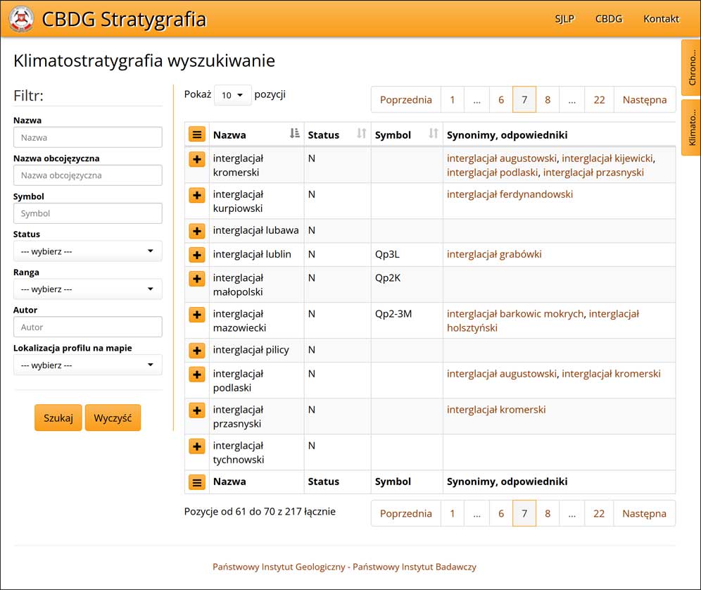Ekran aplikacji CBDG Stratygrafia –  wyszukiwanie jednostek klimatostratygraficznych