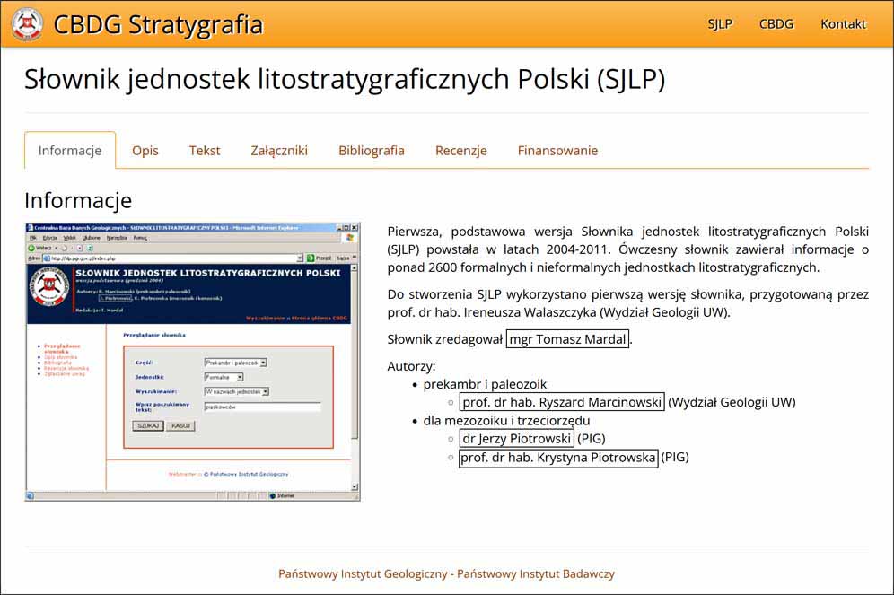 Ekran aplikacji CBDG SJLP –  przeglądanie jednostek litostratygraficznych Polski