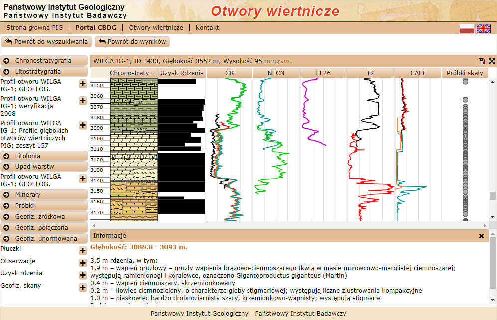 Ekran Aplikacji CBDG Przeglądarka profilowa otworów wiertniczych